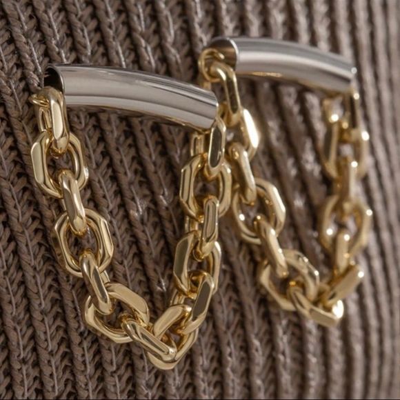 GOLD & SILVER PLATED STAINLESS STEEL GEOMETRIC CHAIN DANGLE DROP INDUSTRIAL EAR - Picture 3 of 14